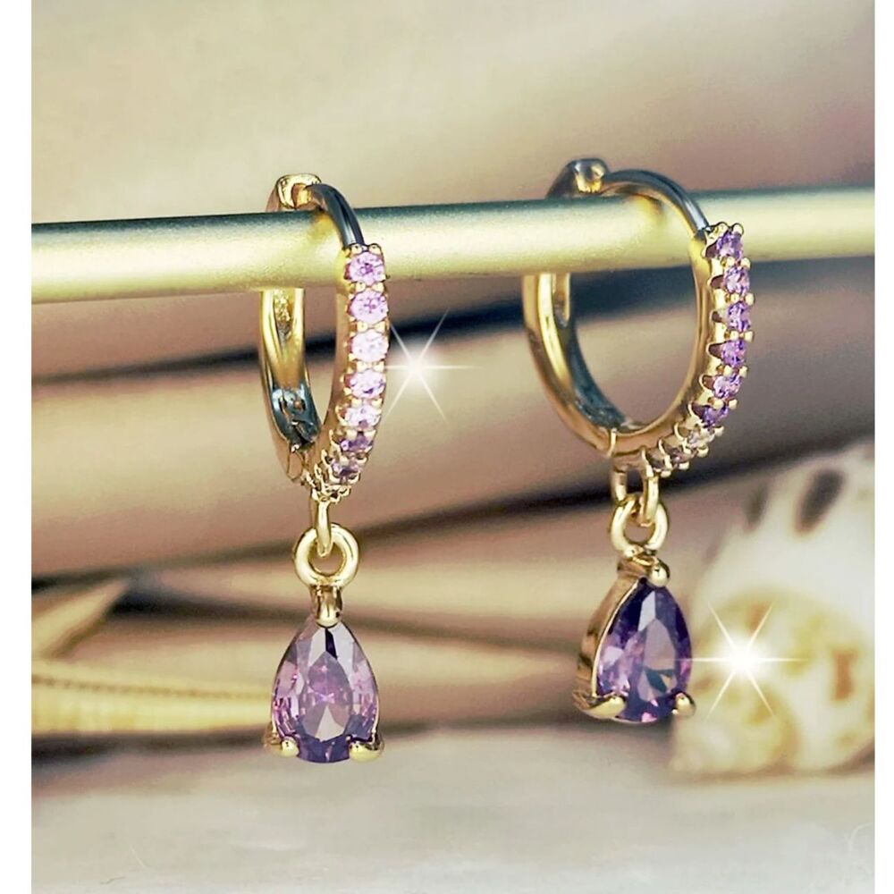 Purple Zirconia Crystal Dangle Hoop Earrings Elegant Teardrop Gemstone Drop Gold